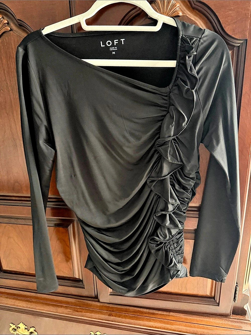NWOT LOFT Black Draped Ruffle Blouse Size Medium never worn